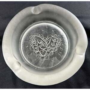 Frosted Glass Ashtray Embossed With Dove in Heart Heavy Thick Glass